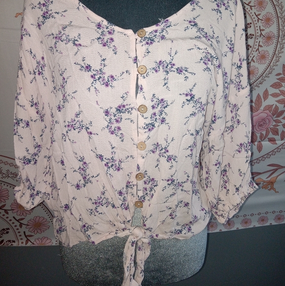 Pink & Purple Floral Button Down Blouse - Picture 2 of 11